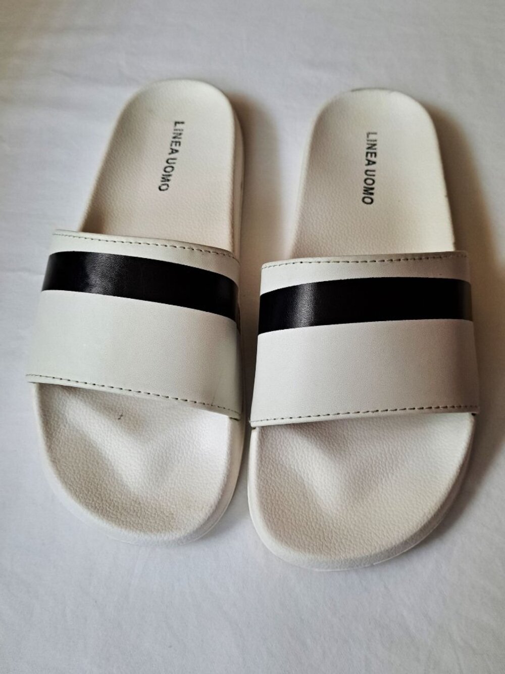 Linea Uomo Men's Size XL Synthetic Slides Flip-Flops White with Black Stripe EUC